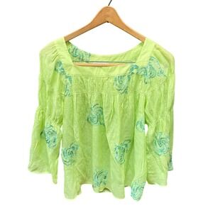 Figueroa & Flower Embroidered‎ Peasant Blouse Top Green Floral Petite Large